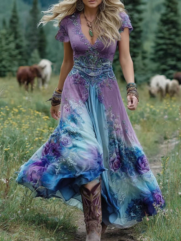 Marta - Krótka Sukienka Maxi w Kwiaty