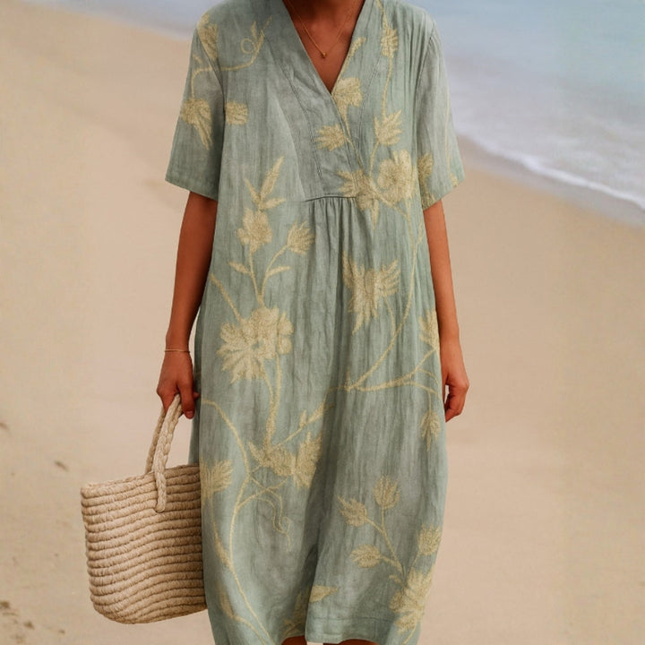 Danuta - Niebiesko-Szary Sukienka z Kwiatowym Haftem