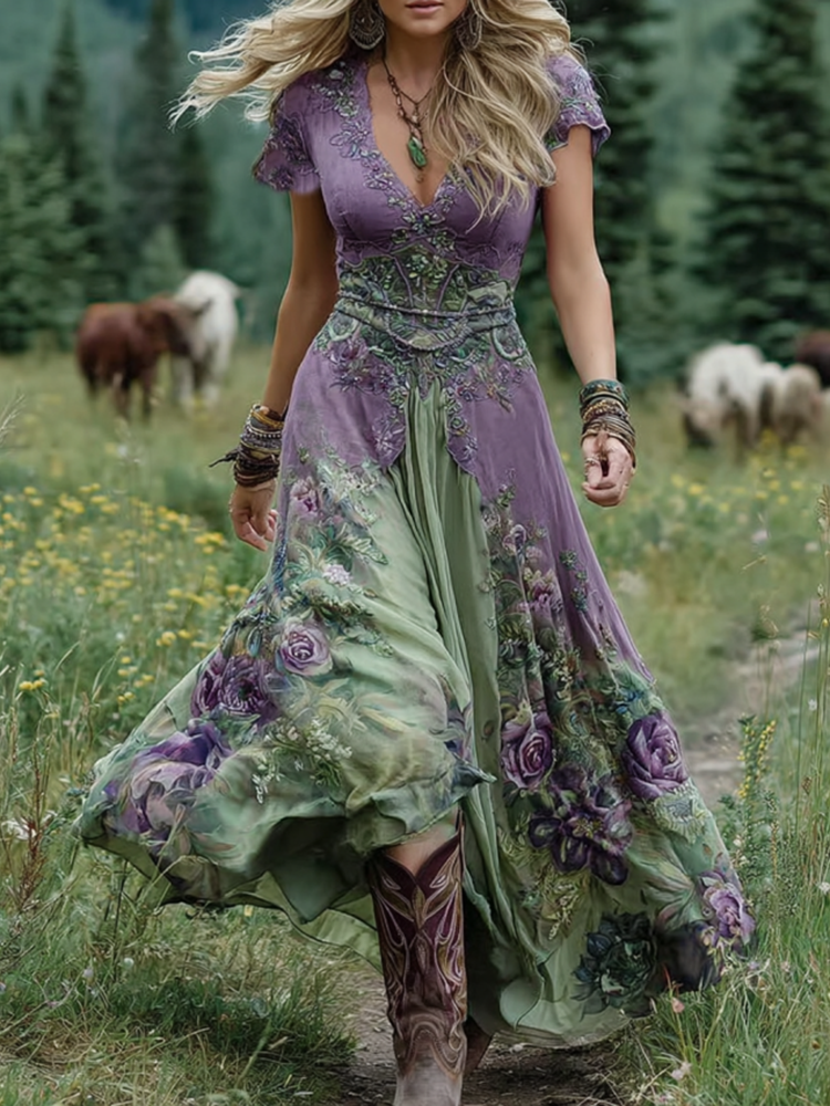 Marta - Krótka Sukienka Maxi w Kwiaty